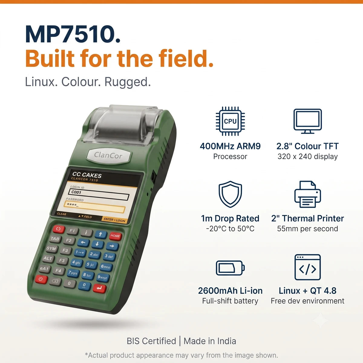 Clancor MP7510 features — 400MHz ARM9 processor, 2.8-inch colour TFT, 1m drop rated, 2-inch thermal printer, 2600mAh battery, Linux with QT 4.8