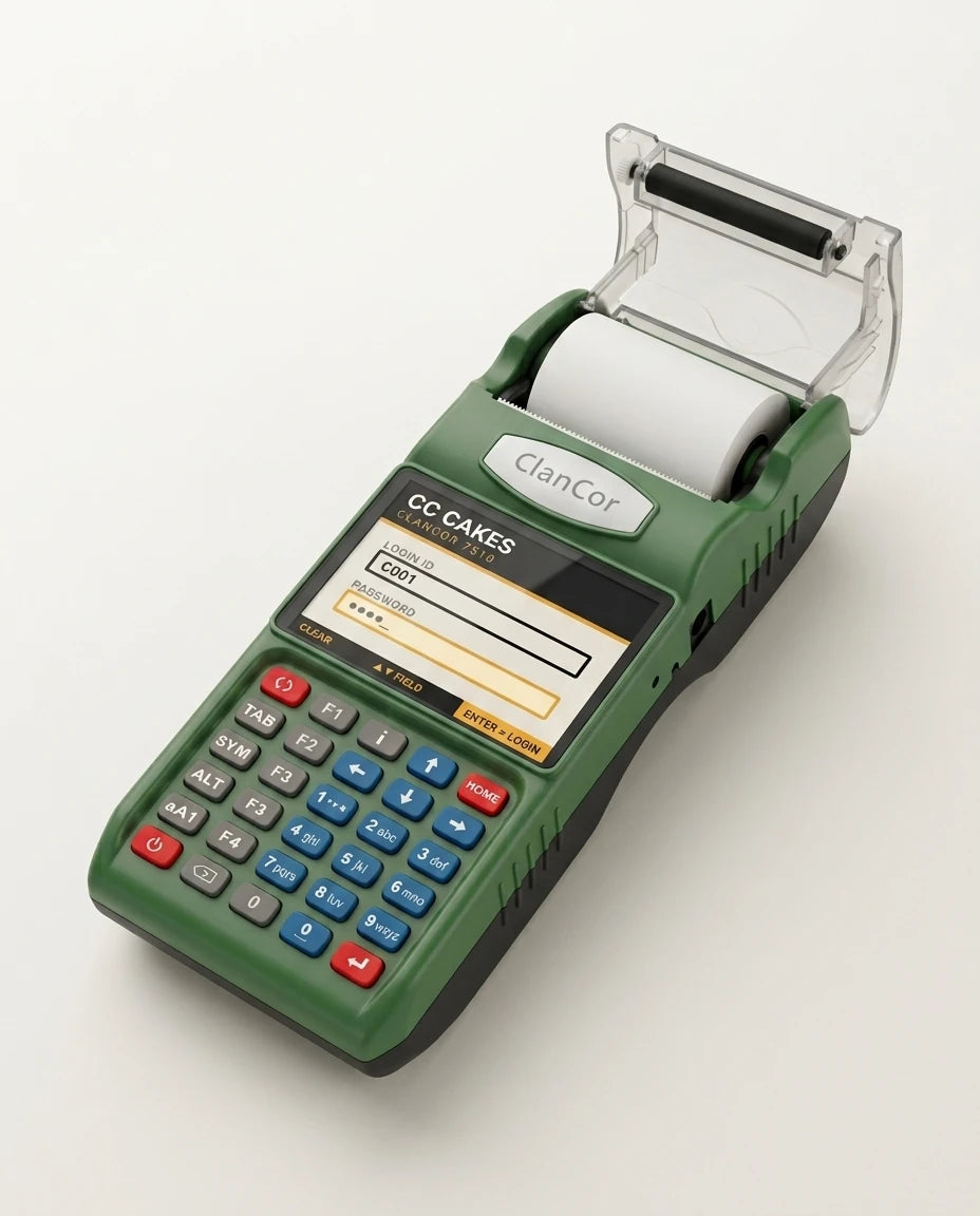 Clancor MP7510 at a 3/4 angle with the thermal printer compartment open and a receipt emerging