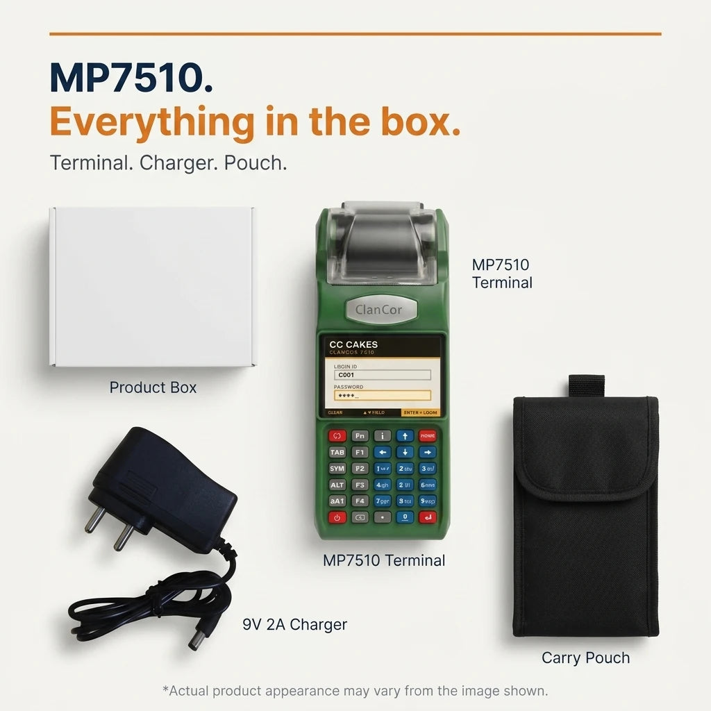 What's in the box — Clancor MP7510 terminal, 9V 2A charger, and carry pouch