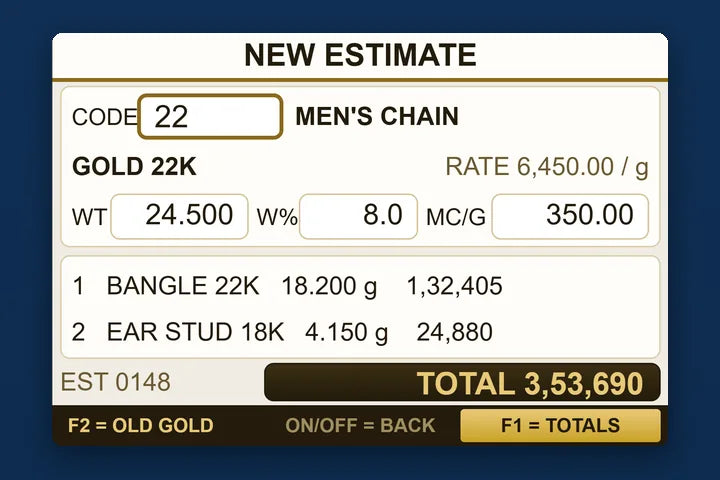 The MP7510 jewellery estimation screen pricing a 22K gold chain by weight, wastage and making charge