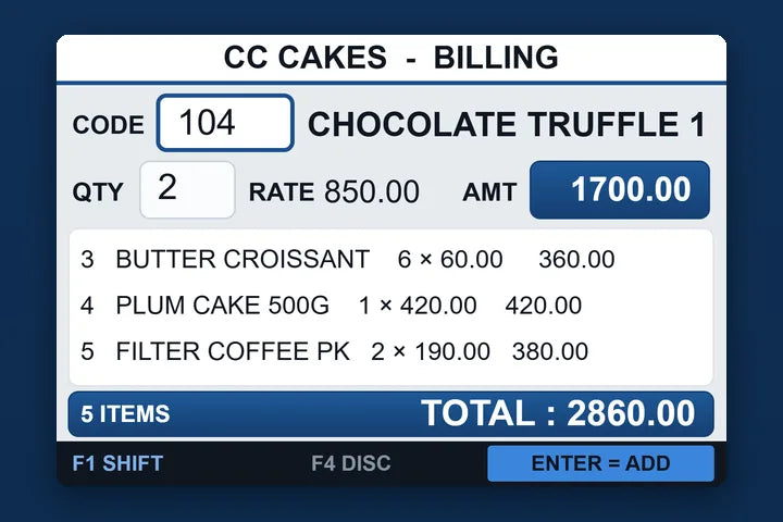 The MP7510 spot billing screen showing an itemised counter bill totalling Rs 2,860.00